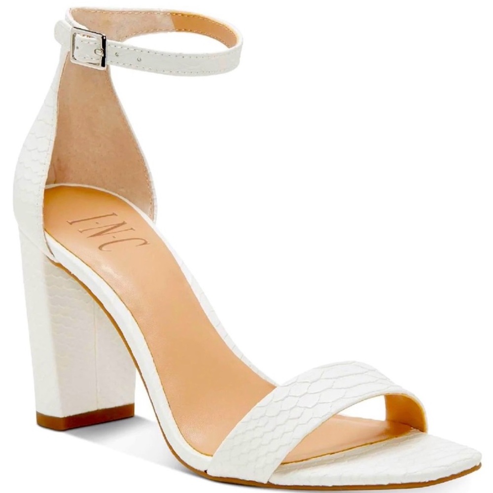 New INC International Concepts White Snake Ankle-Strap Block Heel Sandal Sz 11 m